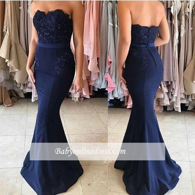Simple Strapless Mermaid Bridesmaid Dress Buttons Beadings Appliques Prom Dress_1