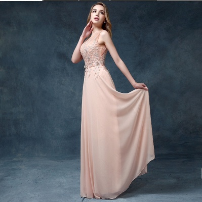 Chiffon Long Prom Dresses Lace Appliques Beaded Light Pink Floor Length Evening Gowns_6