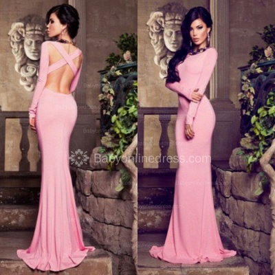 Long Sleeves Pink Prom Dresses Jersey Criss Cross Back Mermaid Evening Gowns_2