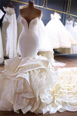 Strapless Sweetheart Sleek Mermaid Wedding Dresses with Tiered Train_1