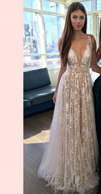 2018 Sexy A-line Prom Dresses Deep-V-Neck Lace Appliques Layers Evening Gowns_6