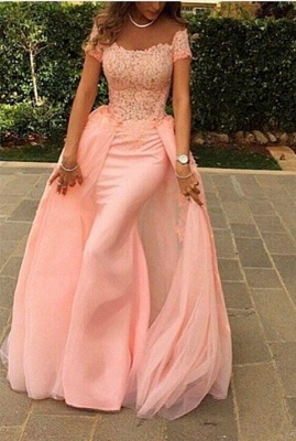 Pink Lace Short Sleeves Prom Dresses Off Shoulder with Removable Overskirt Evening Gowns_1