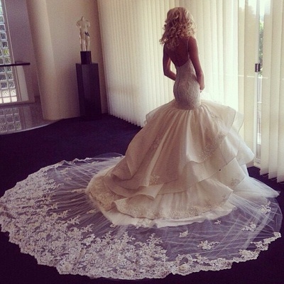 Mermaid Wedding Dresses with Romantic Layers Lace Appliques Open Back Sexy Bridal Gowns_3
