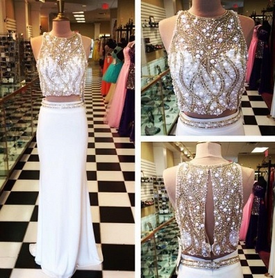 Two Piece White Luxury Beading Prom Dresses Halter Neck Sheath Evening Gowns_2