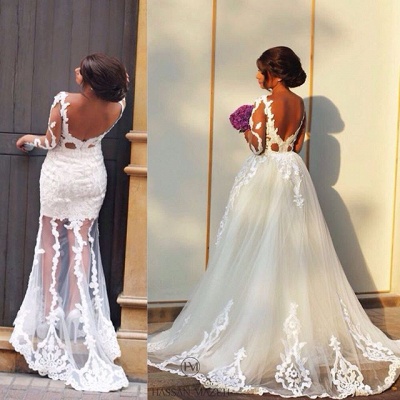 A-line Wedding Dresses with Removable Overskirt | Lace Backless Mermaid Bridal Gowns_2