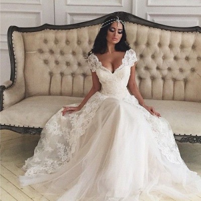 Deep V Neck A-line Wedding Dresses Lace Short Sleeves Layered Bridal Gowns_2