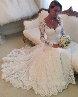 Scoop Neck Long Sleeves Lace Wedding Dresses Court Train Graceful Bridal Gowns_2