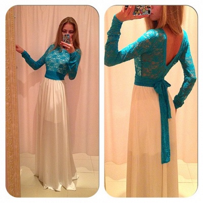 Sexy New Prom Dresses Green White Backless Lace Sheer Long Sleeves Evening Dresses_3