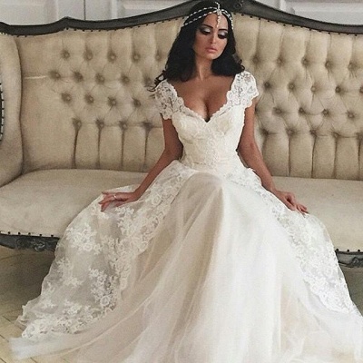 Deep V Neck A-line Wedding Dresses Lace Short Sleeves Layered Bridal Gowns_3