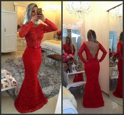 Long Sleeves Lace Mermaid Prom Dresses Red Scoop Backless Long Evening Gowns_3