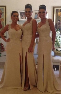 Sexy Lace Mermaid Bridesmaid Dresses Side Slit Beaded Prom Dresses with Buttons_1