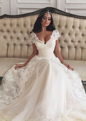 Deep V Neck A-line Wedding Dresses Lace Short Sleeves Layered Bridal Gowns_1
