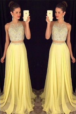 Two-Piece Prom Dresses for Teens Chiffon Beaded Long A-line Sexy Evening Gowns_3