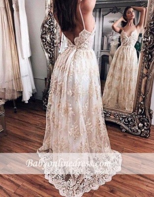 Newest Hot Champagne Floor-Length Lace Backless Evening Dress_1