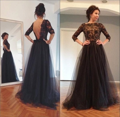 Black Bateau Lace Tulle Prom Dress 3/4 Sleeving Dresses with Beadings_2