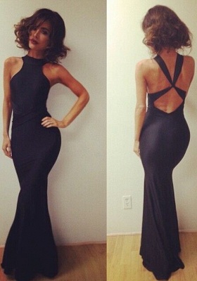 High Neck Black Cross Back Prom Dresses Jersey/Spandex Mermaid Low Back Evening Gowns_2