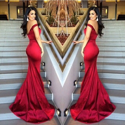 Sexy Red Satin Mermaid Prom Dresses Off-the-Shoulder Evening Gowns_2