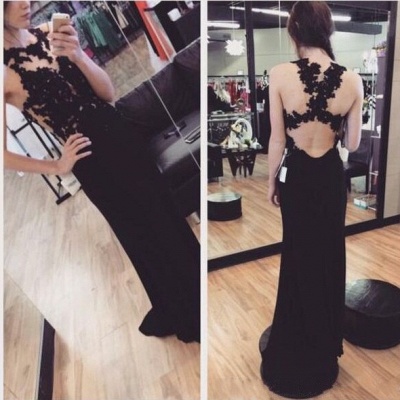 Black Long Prom Dresses Chiffon Sheer Lace Top Sexy Back Evening Gowns_3