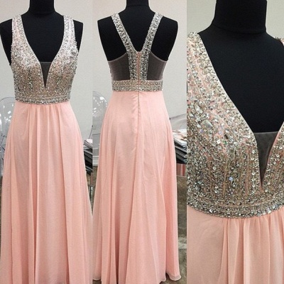 Sexy Long Chiffon Prom Dress Crystals Floor Length Party Dresses_2