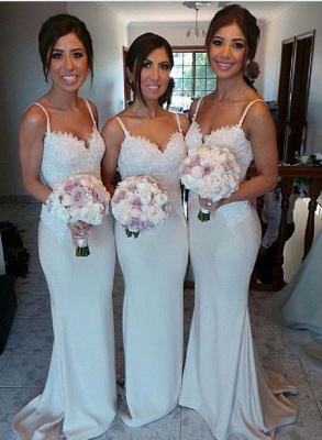 White Sexy Charming Bridesmaid Dresses Spaghetti Strap Lace Glorious Wedding Party Gowns_1