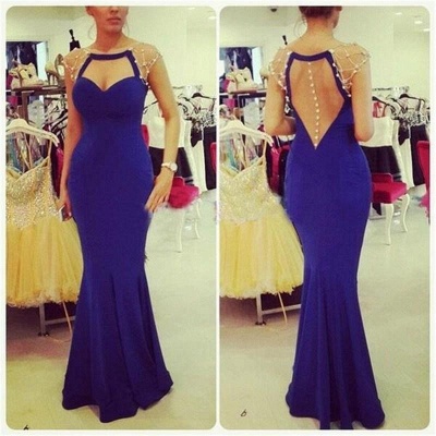 Sexy Mermaid Cap Sleeves Prom Dresses Floor Length Evening Gowns with Button Back_3