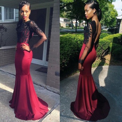 Sexy Mermaid Prom Dresses Long Sleeves Sheer Lace Black Burgundy Formal Evening Gowns_3