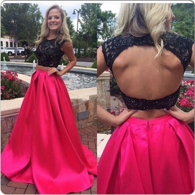 Two-Piece Prom Dresses Capped Sleeves Lace Top Hollow Back Long Evening Gowns_3