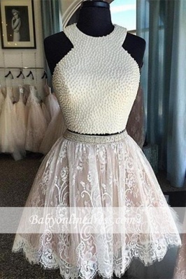 Luxury Short Pearls Two-Piece Lace Homecoming Dresses_1