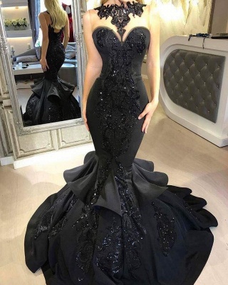 Black Ruffles Lace Applique Mermaid Prom dresses_1