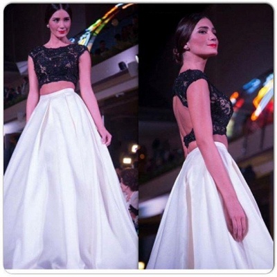 Two-Piece Prom Dresses Capped Sleeves Lace Top Hollow Back Long Evening Gowns_4