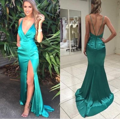 Sexy Green V-Neck Backless Prom Dresses Mermaid Side Slit Evening Gowns_3