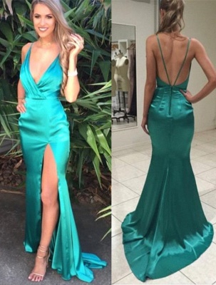 Sexy Green V-Neck Backless Prom Dresses Mermaid Side Slit Evening Gowns_1