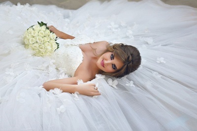 Sweetheart Princess Wedding Dress with Flowers Puffy Tulle Bridal Dress_3