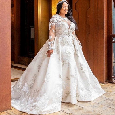Jewel Elegant Long Sleeves Lace Removable Train Wedding Dresses_2