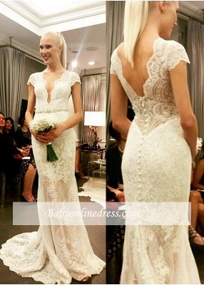 Designer Lace Button Glamorous Floor-Length Cap-Sleeve Wedding Dresses_3