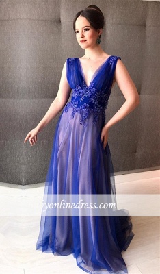 A-line V-Neck Sleeveless Royal Blue Appliques Prom Dress_1