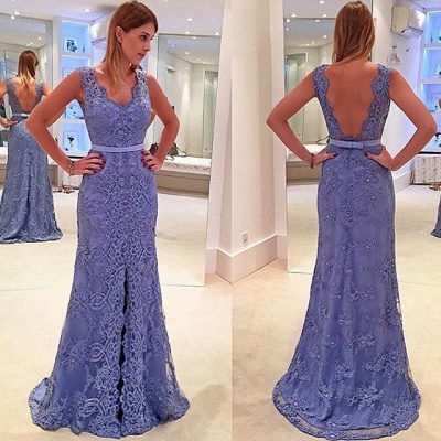 A-line Lace Straps Delicate Front-Split Sleeveless Prom Dress_3