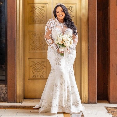 Jewel Elegant Long Sleeves Lace Removable Train Wedding Dresses_3