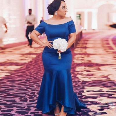 Elegant Off-The-Shoulder Mermaid Bridesmaid Dresses | Royal Blue Short Sleeves Evening Dresses_3