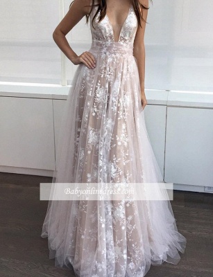 2018 Sexy A-line Prom Dresses Deep-V-Neck Lace Appliques Layers Evening Gowns_1