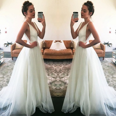 A-line White Sweep-Train Straps V-neck Newest Sleeveless Wedding Dress_3