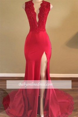 Newest V-neck Backless Red Prom Dress Beads Front-Split Sleeveless_3