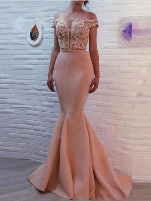 Glamorous Off-The-Shoulder Pearls Pink Mermaid Prom Dresses_1