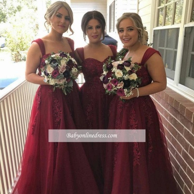 summer Straps Sweetheart Lace-Appliques Tulle Burgundy Bridesmaid Dress_1