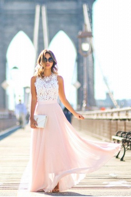 Elegant Lace Top Evening Gowns A-Line Sleeveless Pink Long Prom Dress_3