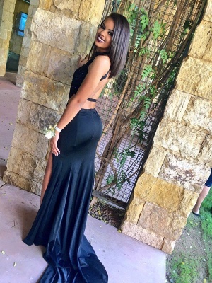 Backless Mermaid Prom Dresses Black Cutaway Sides  Side Slit Sexy Long Evening Gowns_3