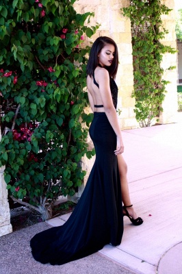 Backless Mermaid Prom Dresses Black Cutaway Sides  Side Slit Sexy Long Evening Gowns_4