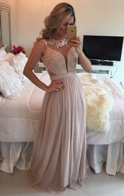 Chiffon Long Prom Dresses Lace Pearls Illusion A-line Formal Evening Gowns_1