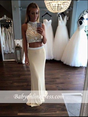 Sheath High-Neck Two-Piece Evening Gowns 2018 Sleeveless Crystal Prom Dress_1