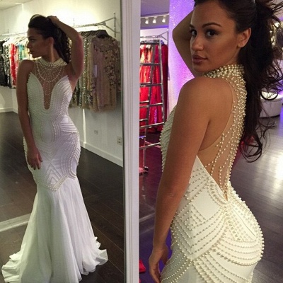White Mermaid Prom Dresses High Deep V Neck Pearls Beaded Luxury Evening Gowns_3